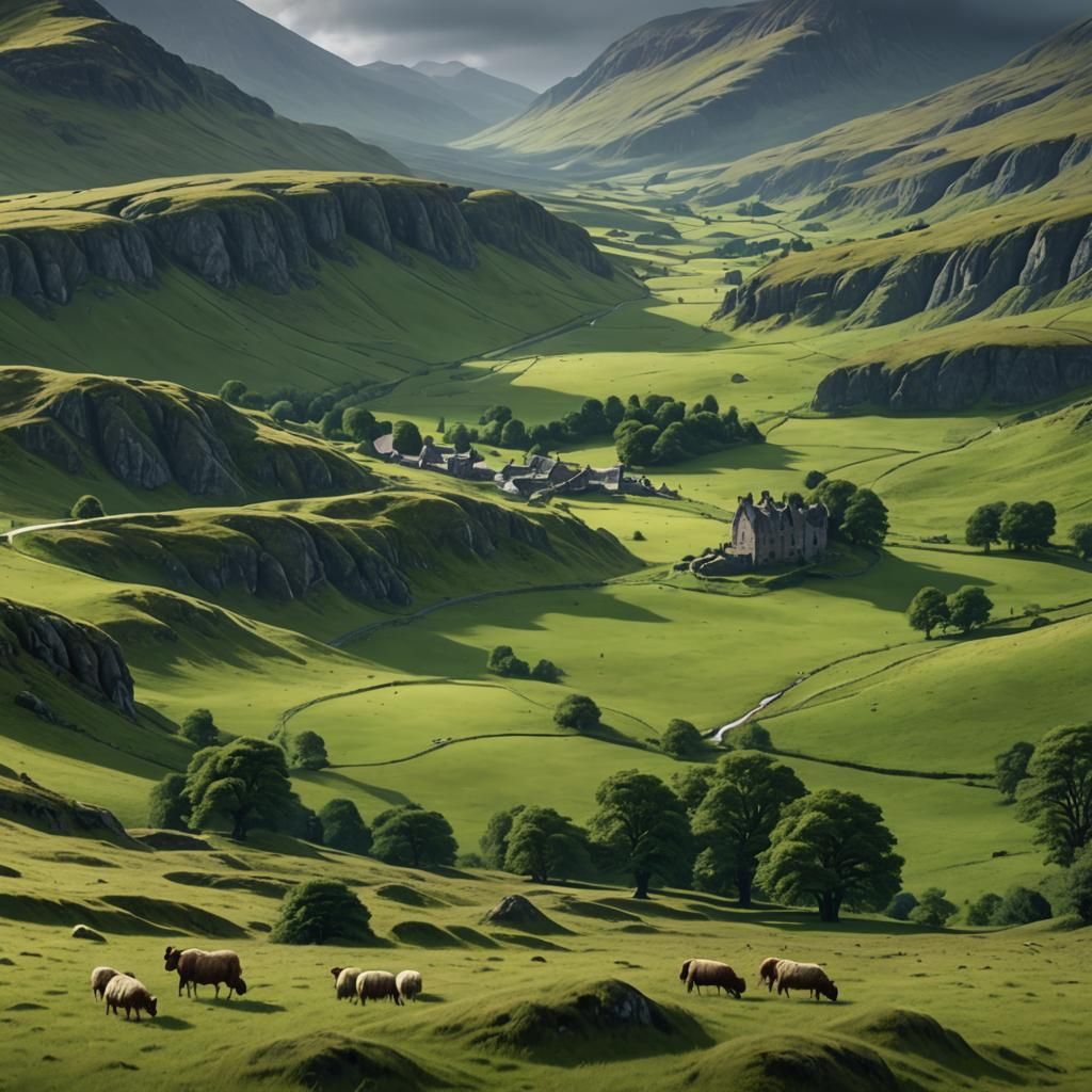 Rolling green pastures in Scottish highlands