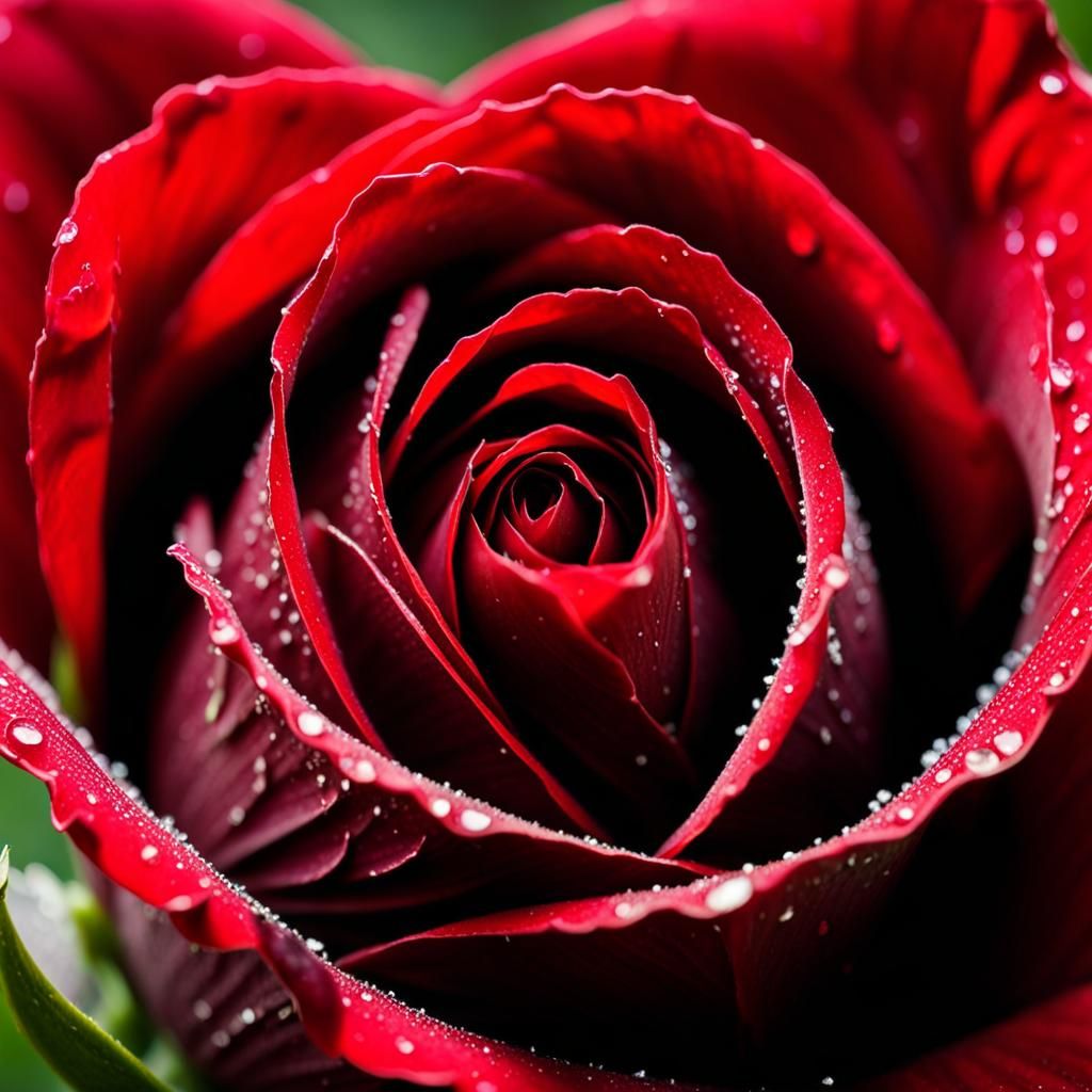 Close-up photograph of a dew-kissed red and black rosebud, details ...