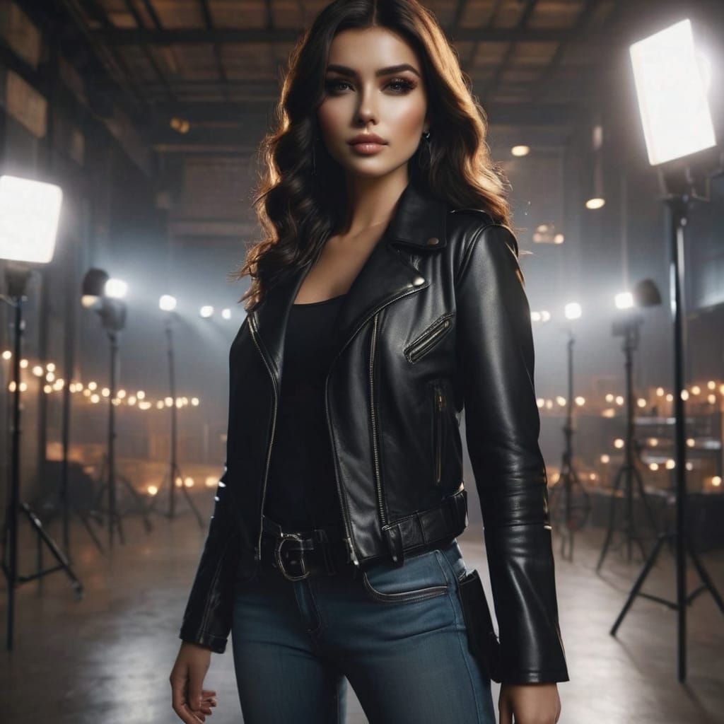 An attractive woman wearing a black leather jacket and jeans