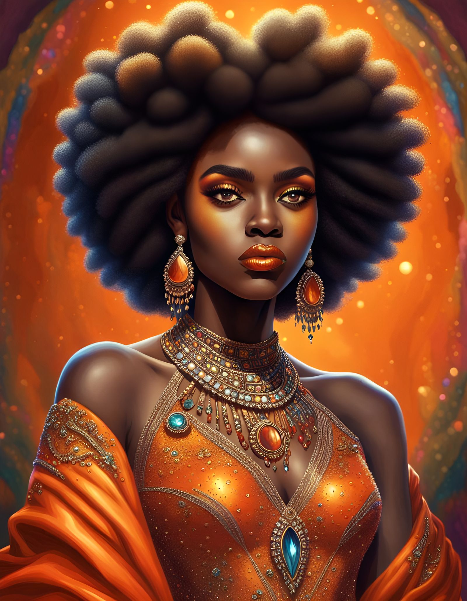 Black Woman in Orange Dress with Jewels