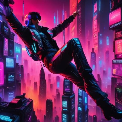 <lora:Murraypunk SD15:1.0> A man falling into the 4th dimension, with a city on the bottom and an upside down city on the top, zero gravity,...