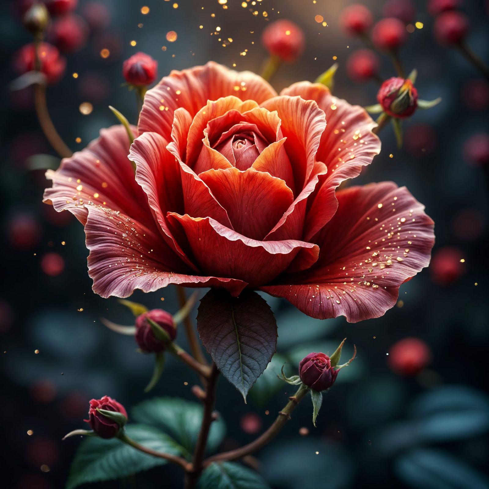 <lora:Floral Clarity:1.0> A delicate, velvety red rose, meticulously detailed in 8k resolution, poised as the centerpiece of a resplendent s...