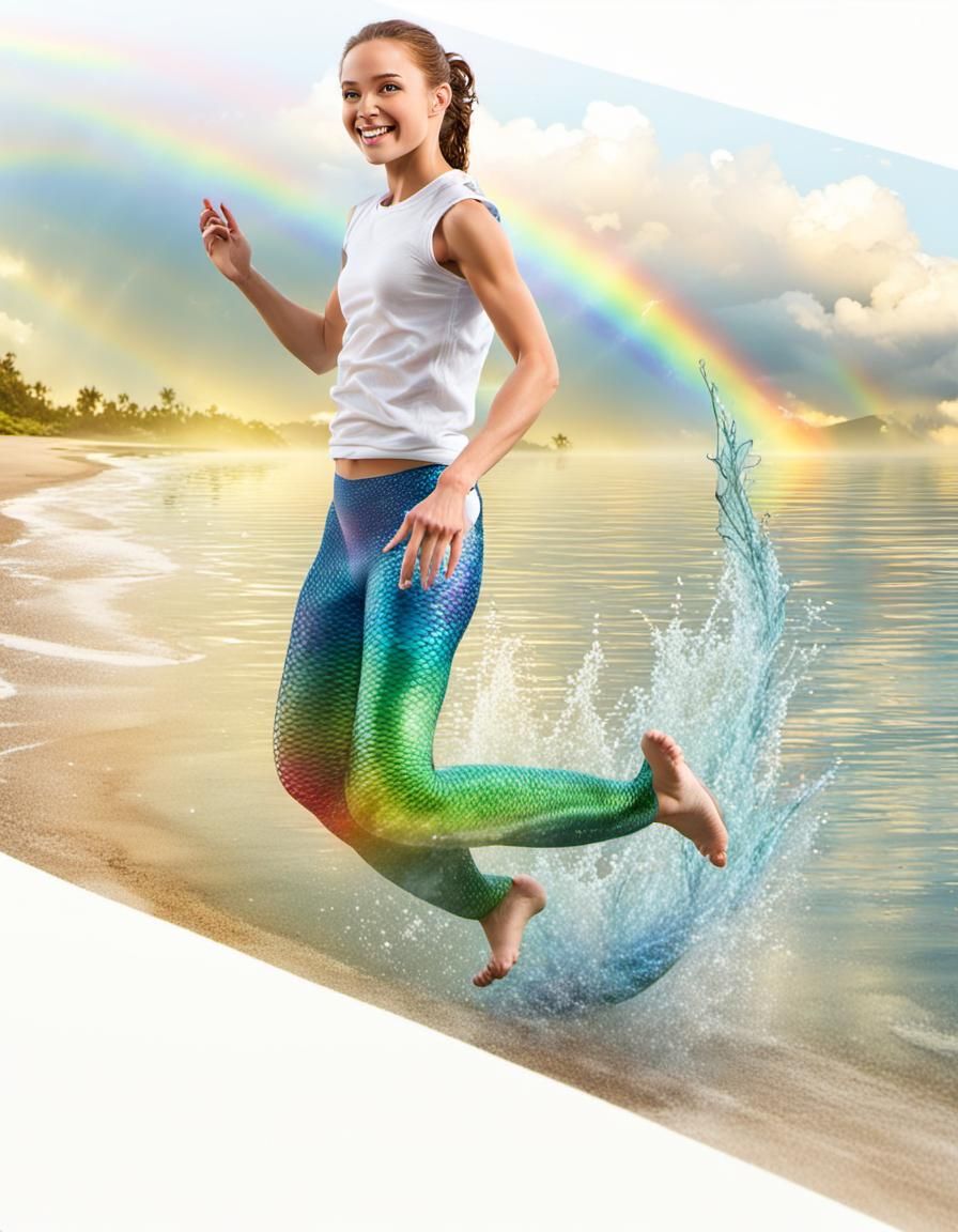 Mermaid on shore inside a rainbow transparent water splash jump - AI ...