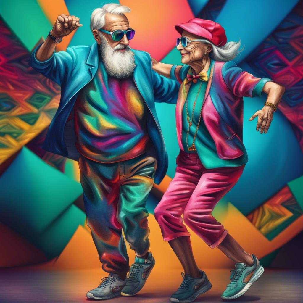 Dancing old couple wearing amazing vibrant fashionable futuristic ...