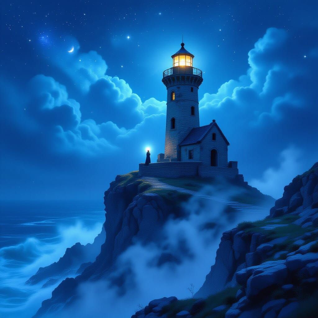 Magical realism. Medium shot. An ancient, crumbling lighthouse stands on a jagged cliff overlooking a turbulent, star-filled ocean. Ethereal...