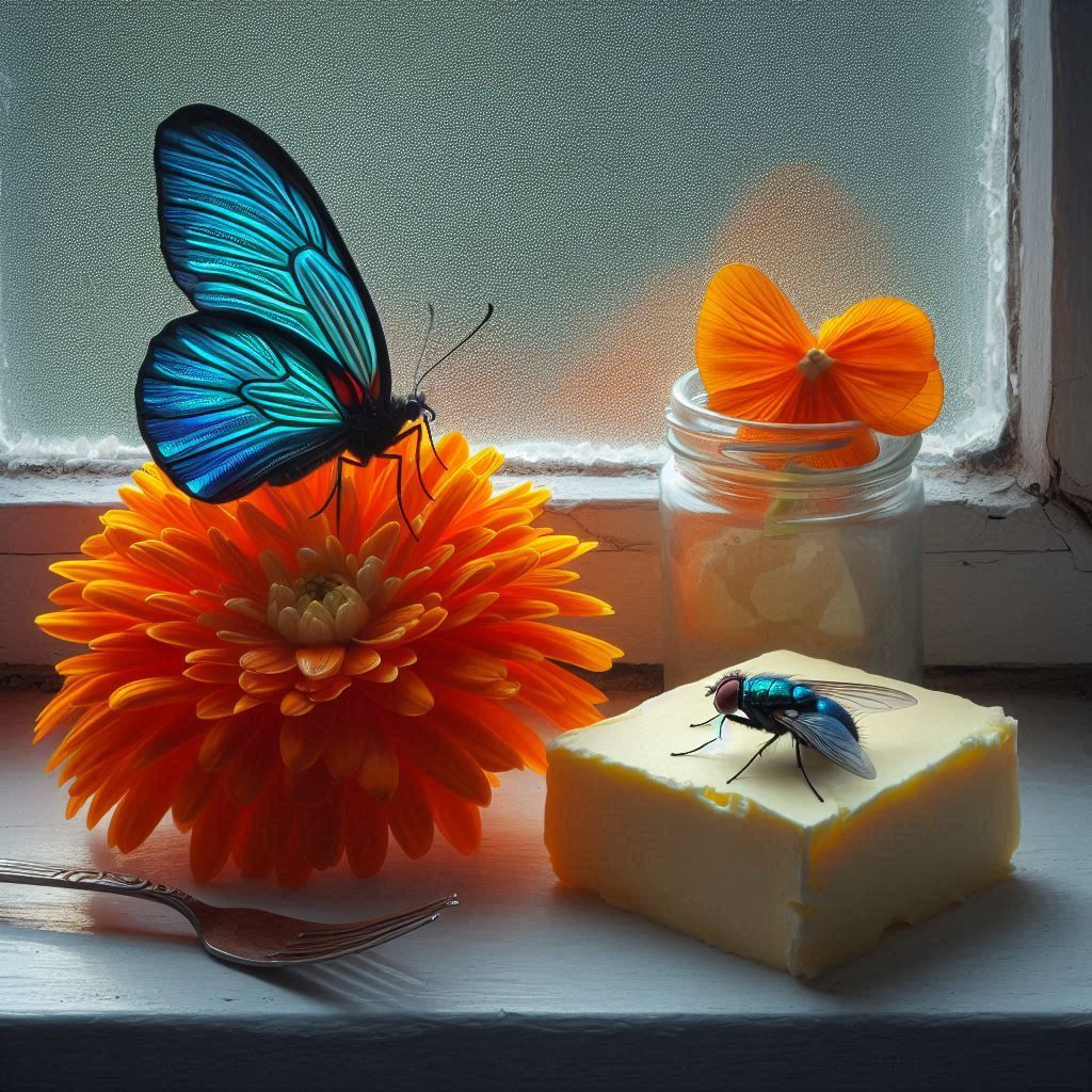 Still life with orange flower and butterflies