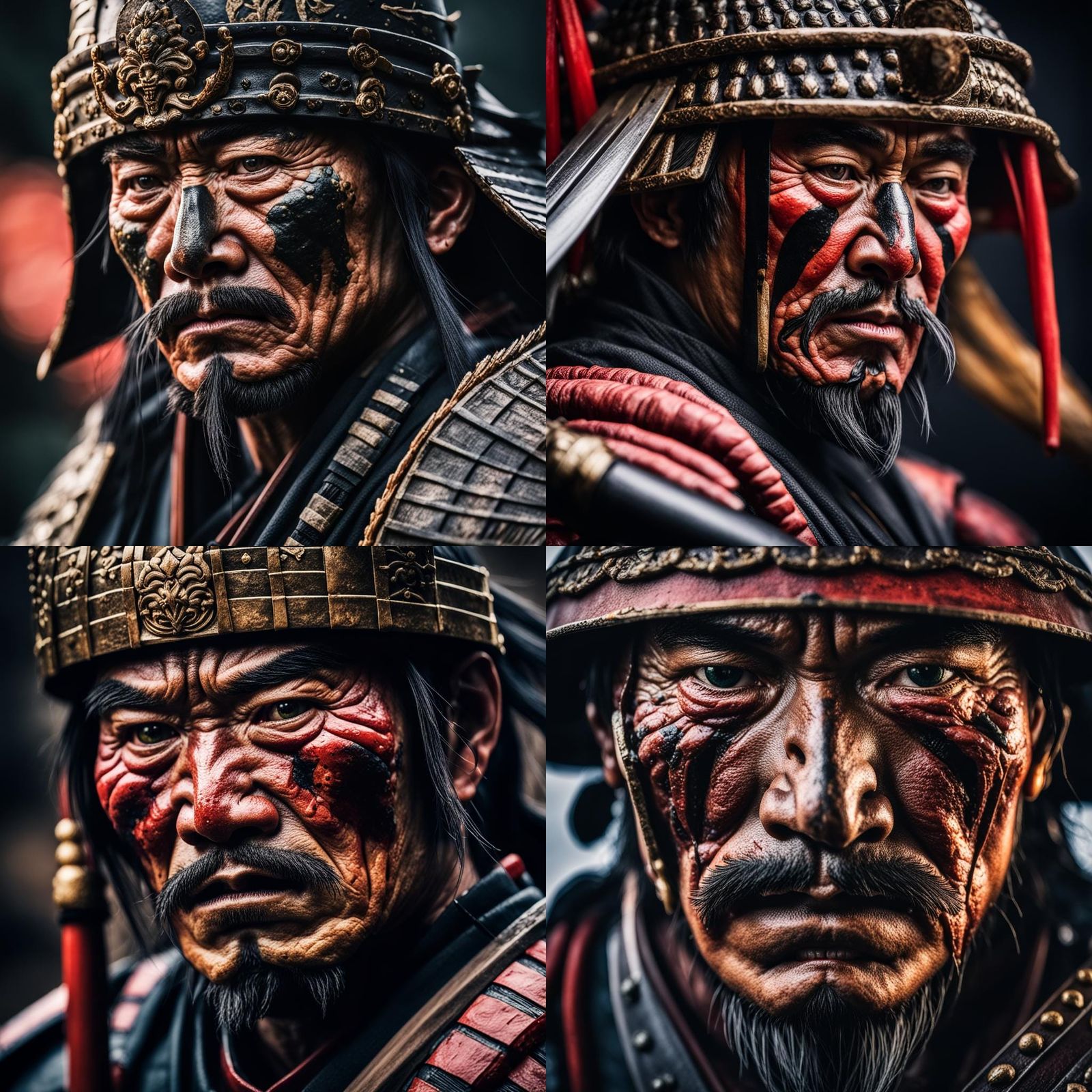Battle-scarred samurai warrior extreme close-up, macro shot,...