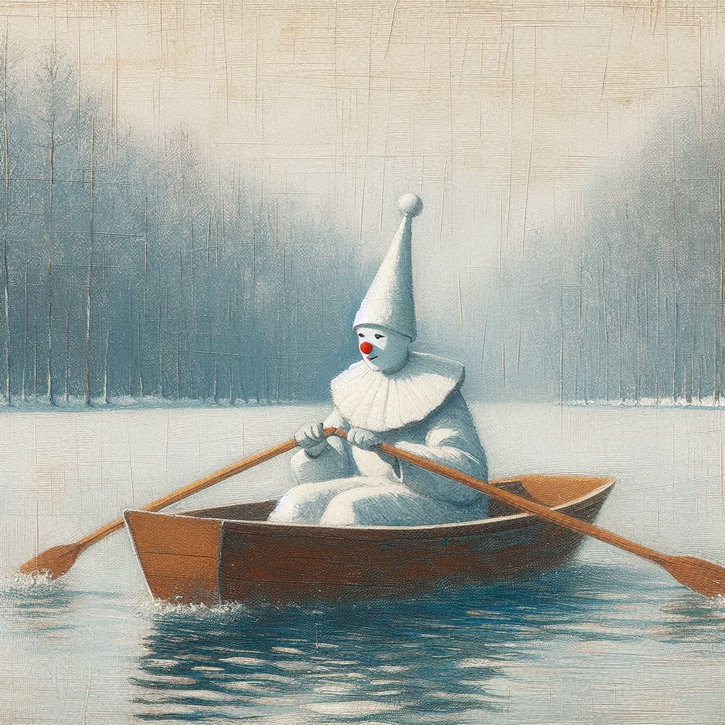 Pierrot rowing a boat