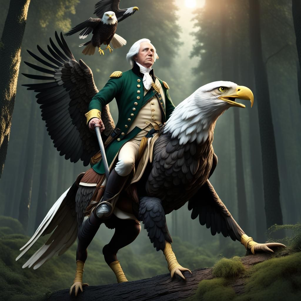 George Washington riding a bald eagle with black hair with blonde and ...