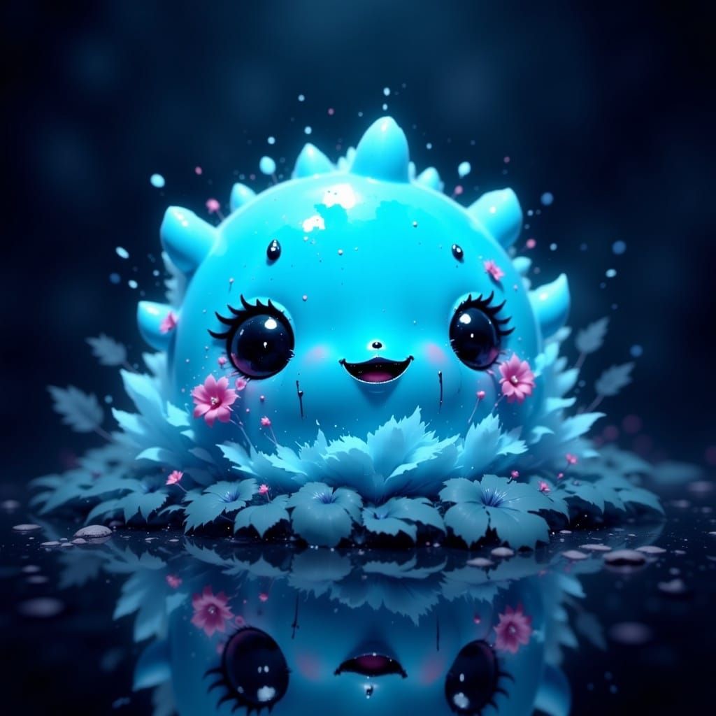 a cute light blue blob of smile with a face on it, in style of <lora:Ttogttog Ingkeu Fx:1.0>, dark mood, moody, dark theme, masterpiece, oct...