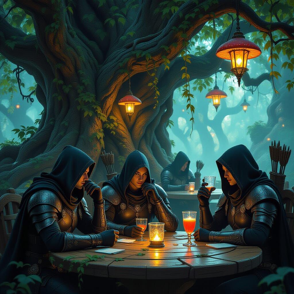 Elven dark fantasy tavern, hidden inside an ancient twisted tree, glowing mushrooms as lanterns, crystal goblets with shimmering drinks, elv...