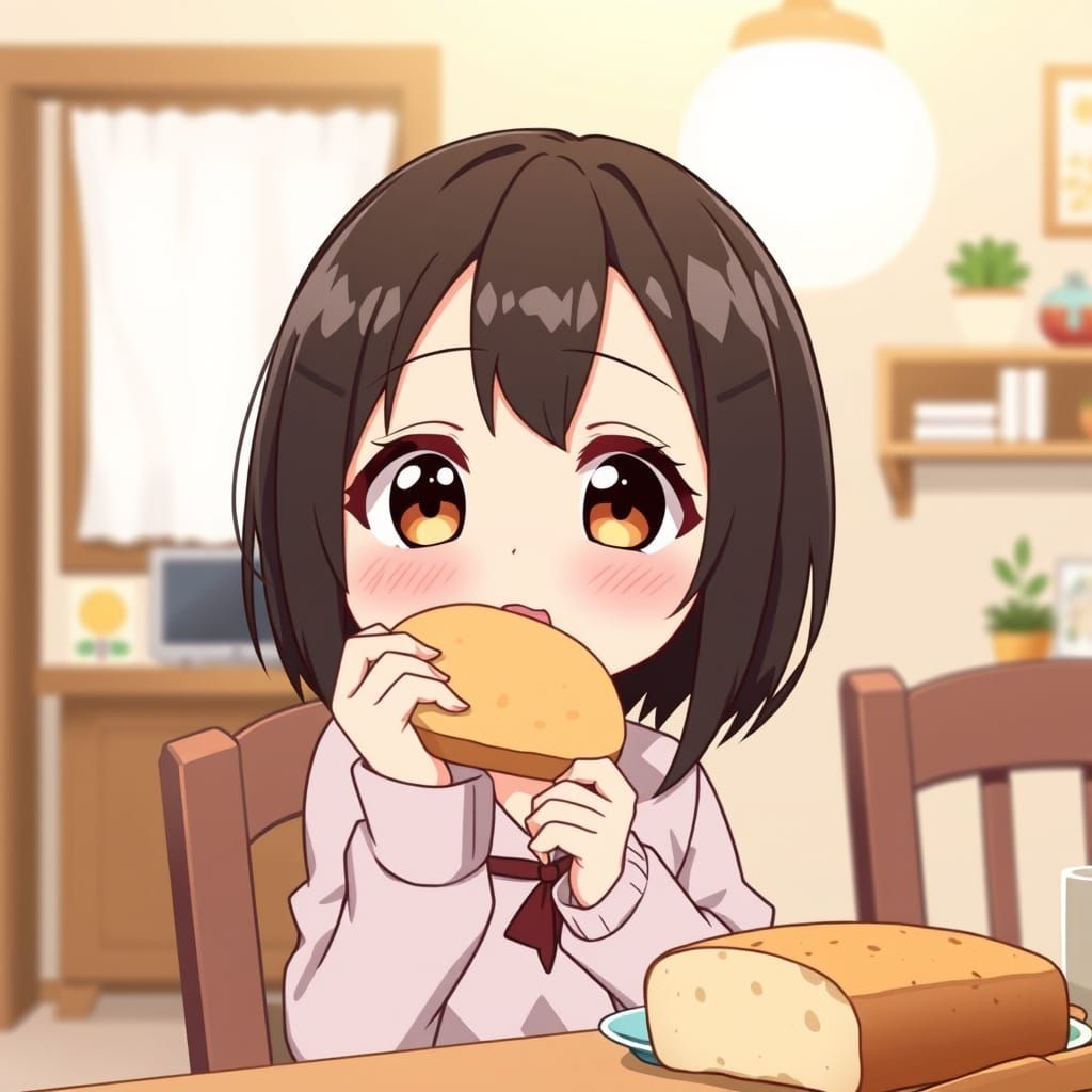 Cute Chibi Woman Eating Bread, Anime Style