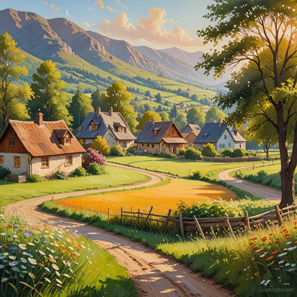 Pastoral Village Oil Painting in Golden Hour Light