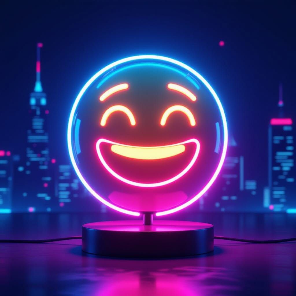 Neon Emoji Sculpture in Futuristic Cityscape