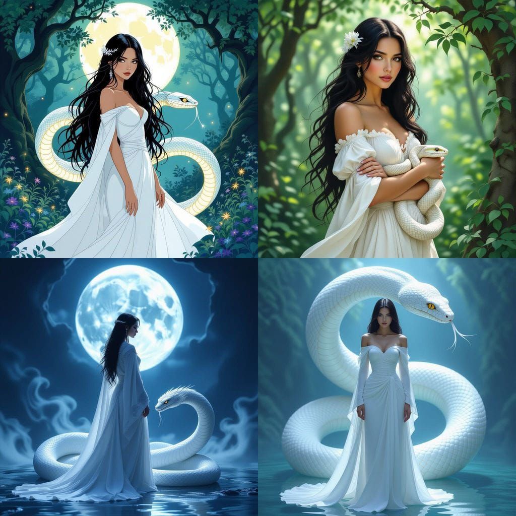 Woman in White with White Snake Behind Her