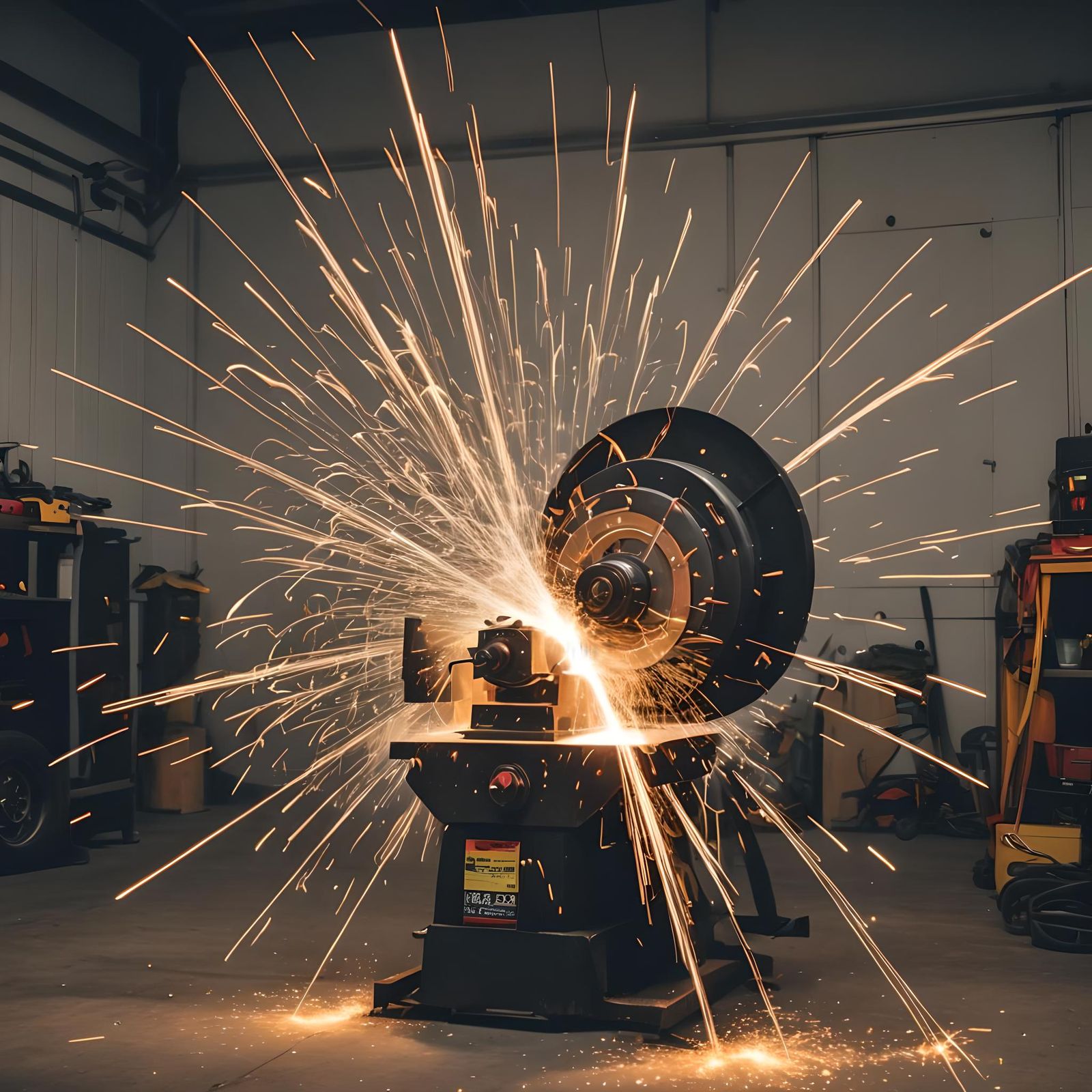 Big grinder throwing sparks around in the dark garage