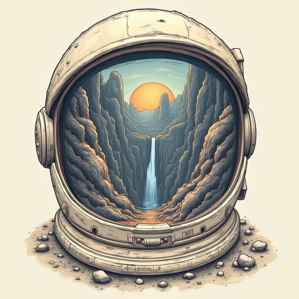 Bold Typography lettering made out of a landscape (text ‘VOID FRACTURE’ ) over a 

Astronauts Helmet <lora:Void Fracture:1.0>