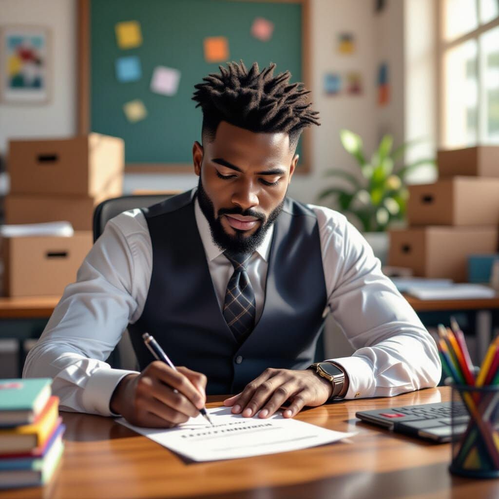 A teacher shown at a desk with a pen writing on a piece of paper with "Letter of Resignation" written across the top. He is african american...