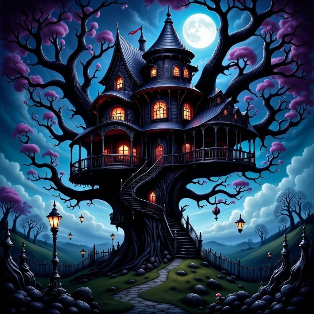 <lora:Flux Whimsy Gothic:1.0>  Eerie treehouse, spooky, ethereal white glow: background starry sky decrepit crumbling house: dystopian, crea...