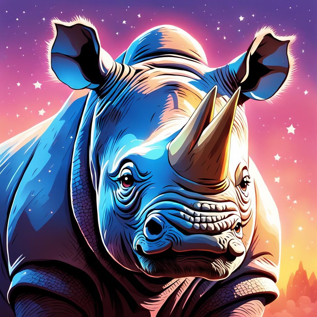 Cute Rhino with Star Horns in Kawaii Anime Style