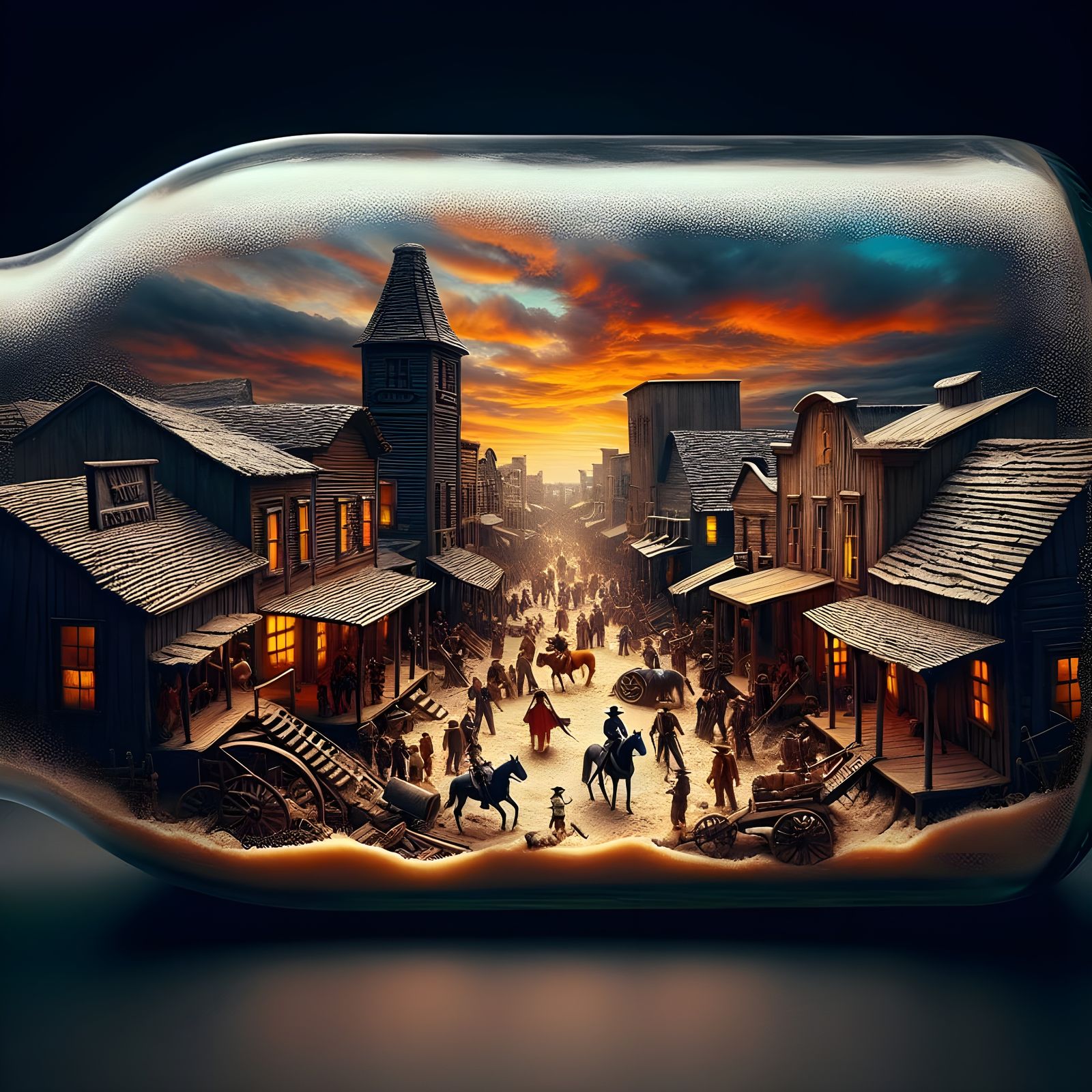 Old western town inside an old milk bottle  by @Tiny Pearl Cat