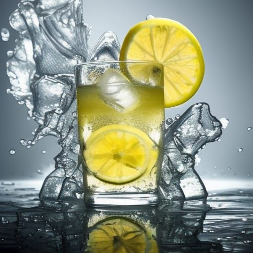 Beautifully lit epic shot of lemonade in a glass cup with lemon to the side ice and water dripping. Ethereal, ... false