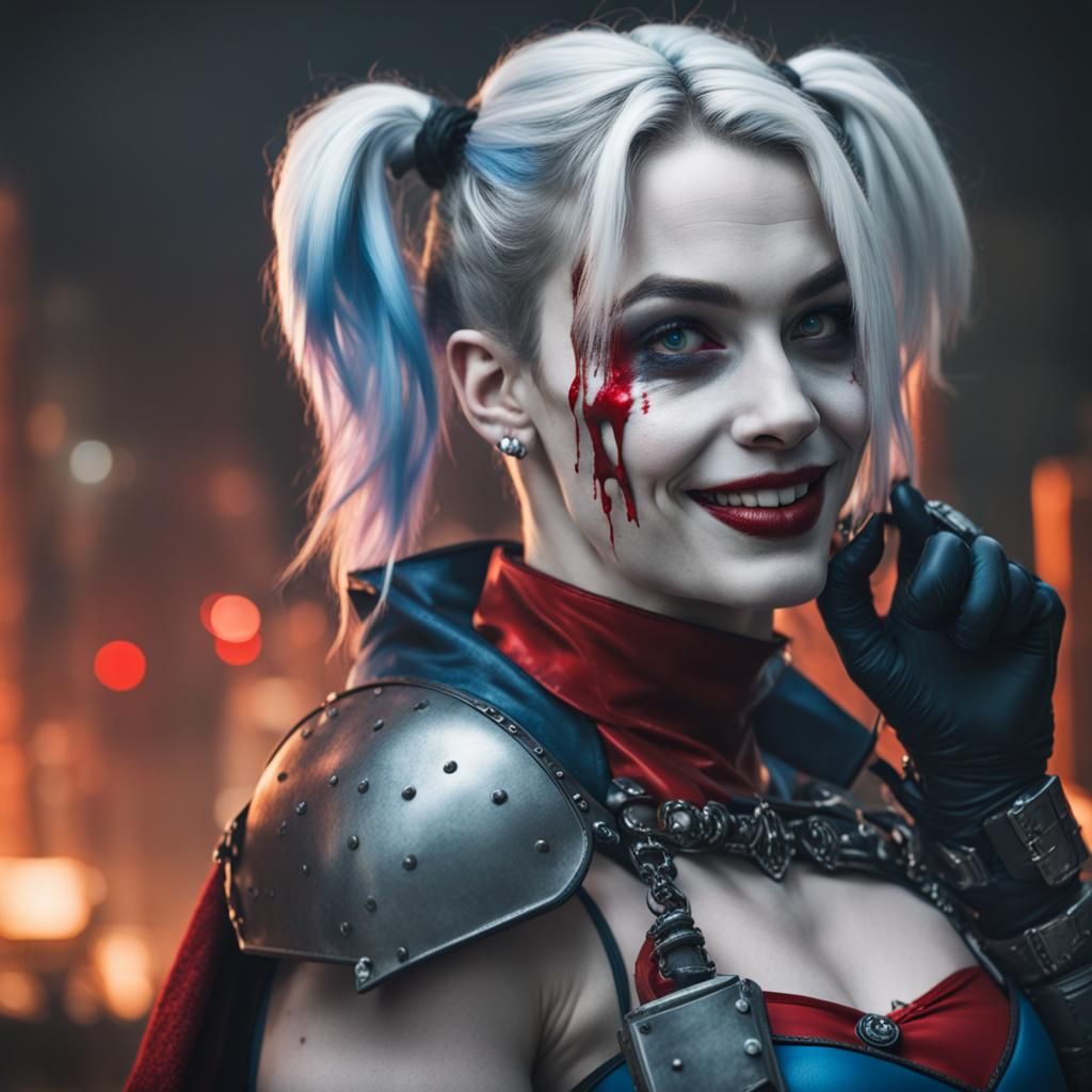 Beautiful Harley Quinn smiling with red and blue pigtails and blood on ...