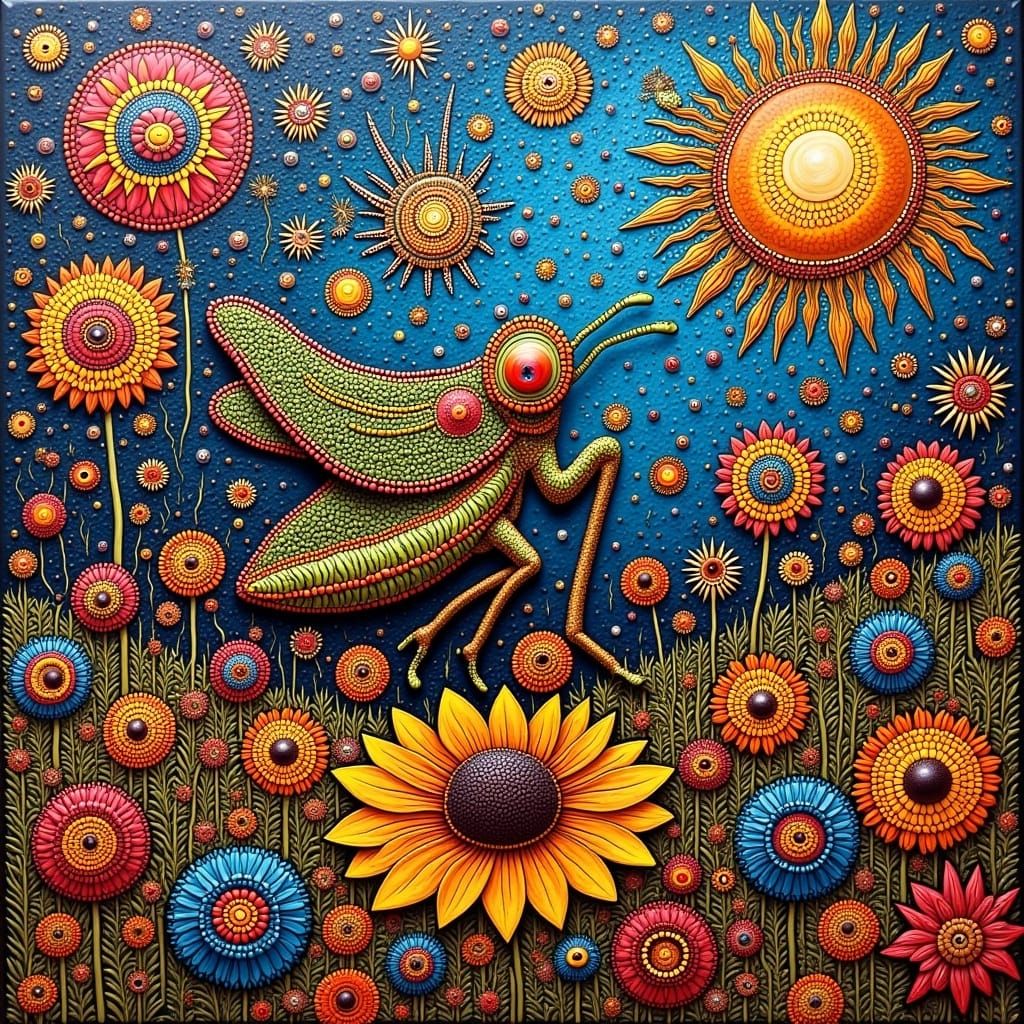 <lora:MIXED EMOTIONS:1.0> grasshopper jumping on daisy, Surreal Maximalist ABORIGINAL folk-art, cluttered zentangle oil on canvas painting