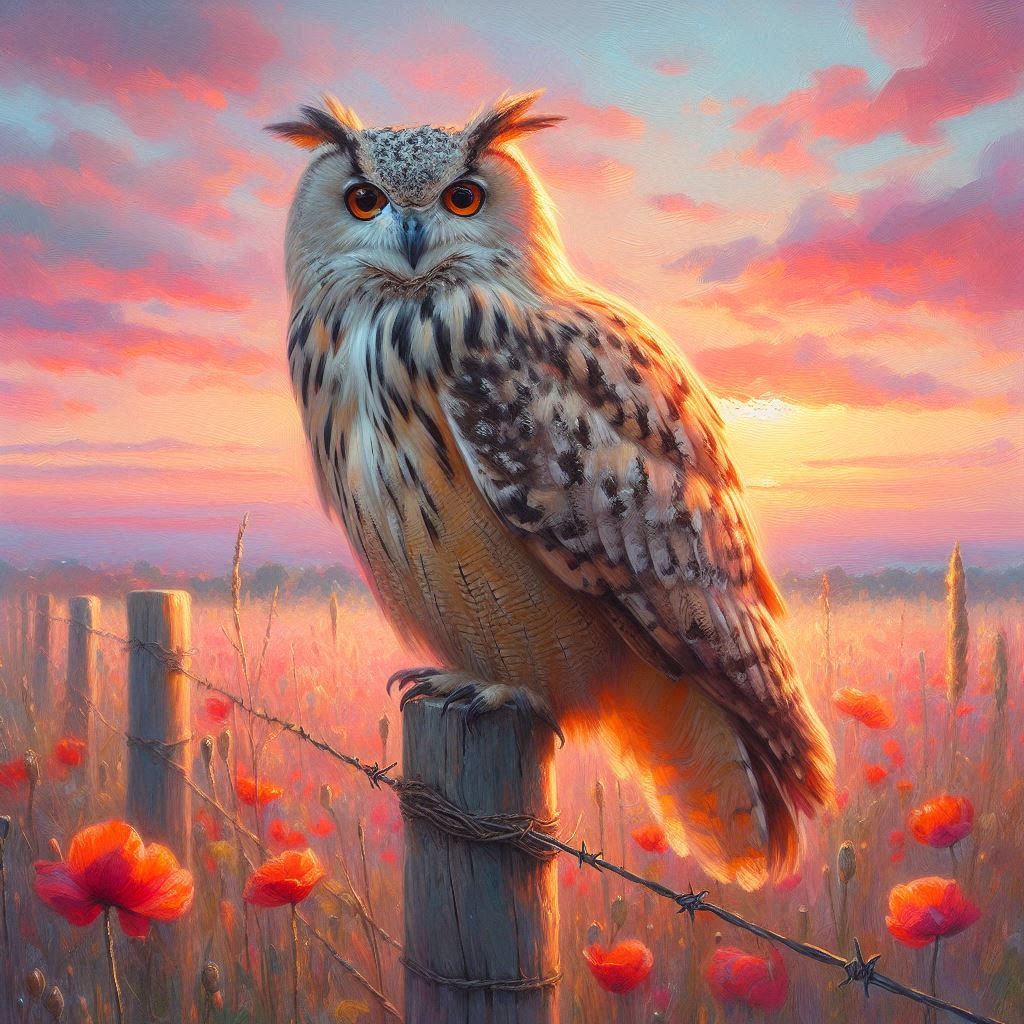 European Eagle Owl under a pastel sunset sky