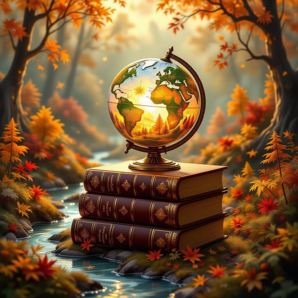 Whimsical Autumn Globe on Antique Books