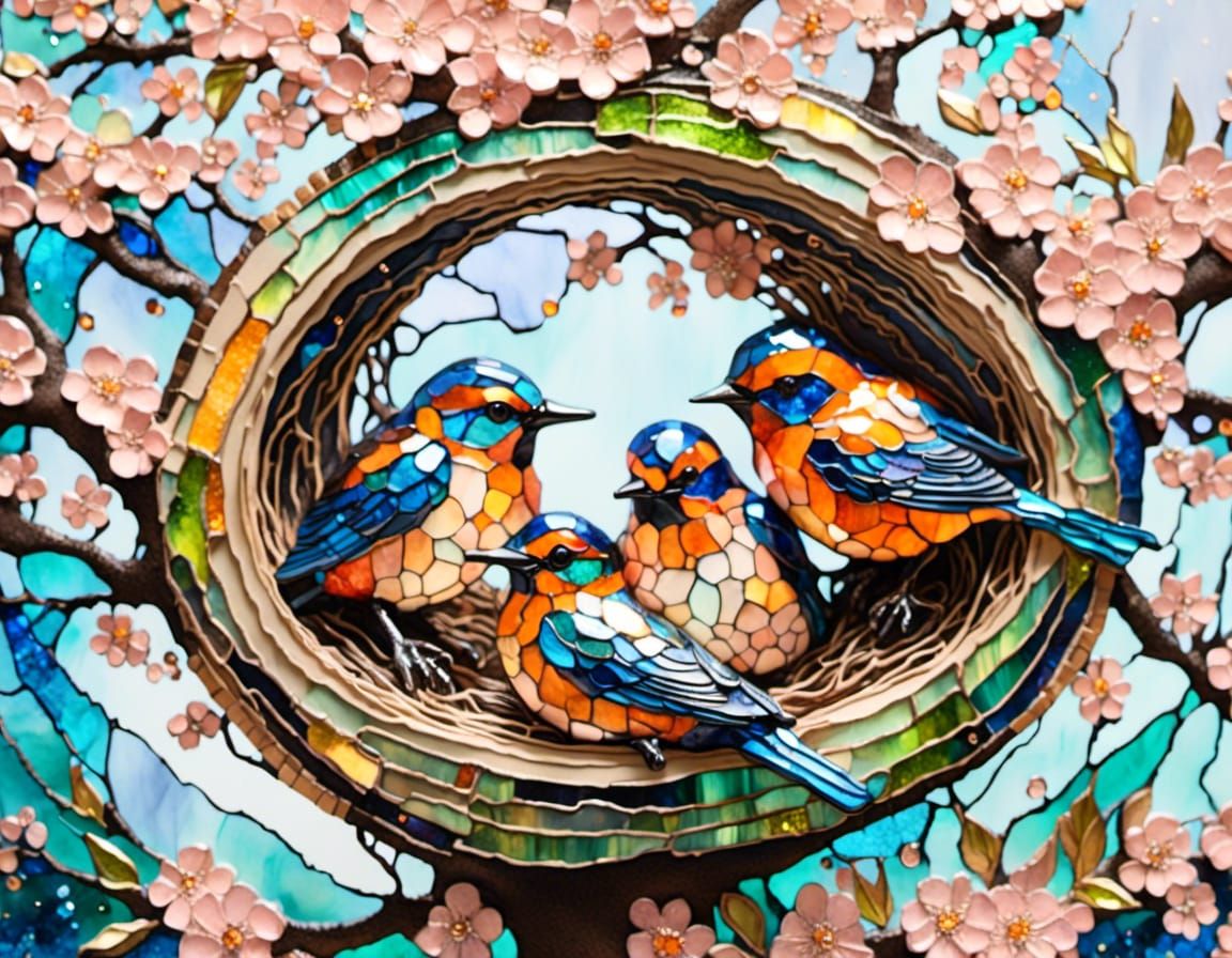 building nest in a cheery blossom <lora:Glass-art:1.0> 