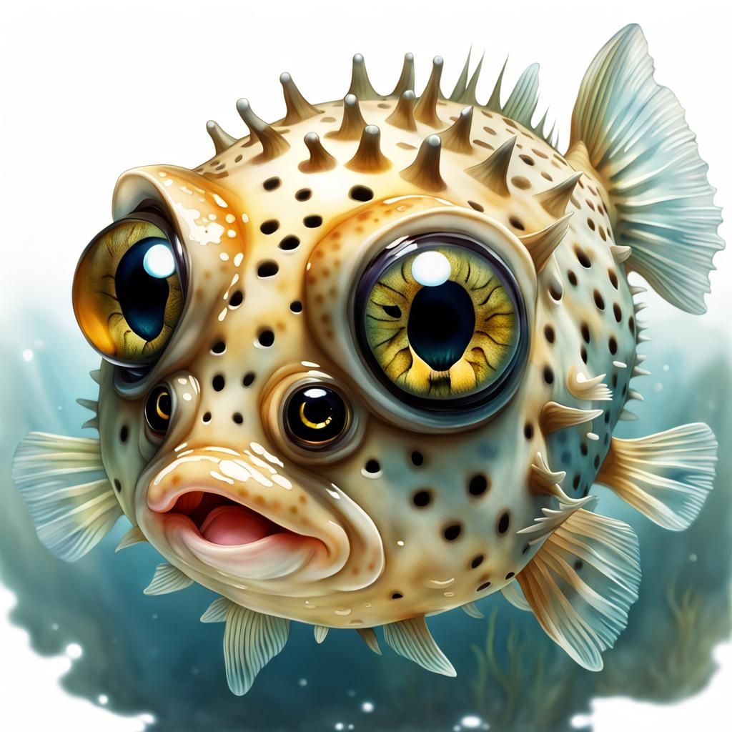 Portrait of an adorable cute whimsical small chibi Puffer_fish chibi ...