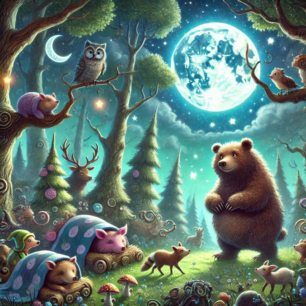 A whimsical forest scene with animals preparing for hibernation under the moonlight