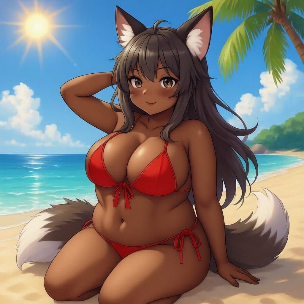 anime fox lady enjoying a day at the beach