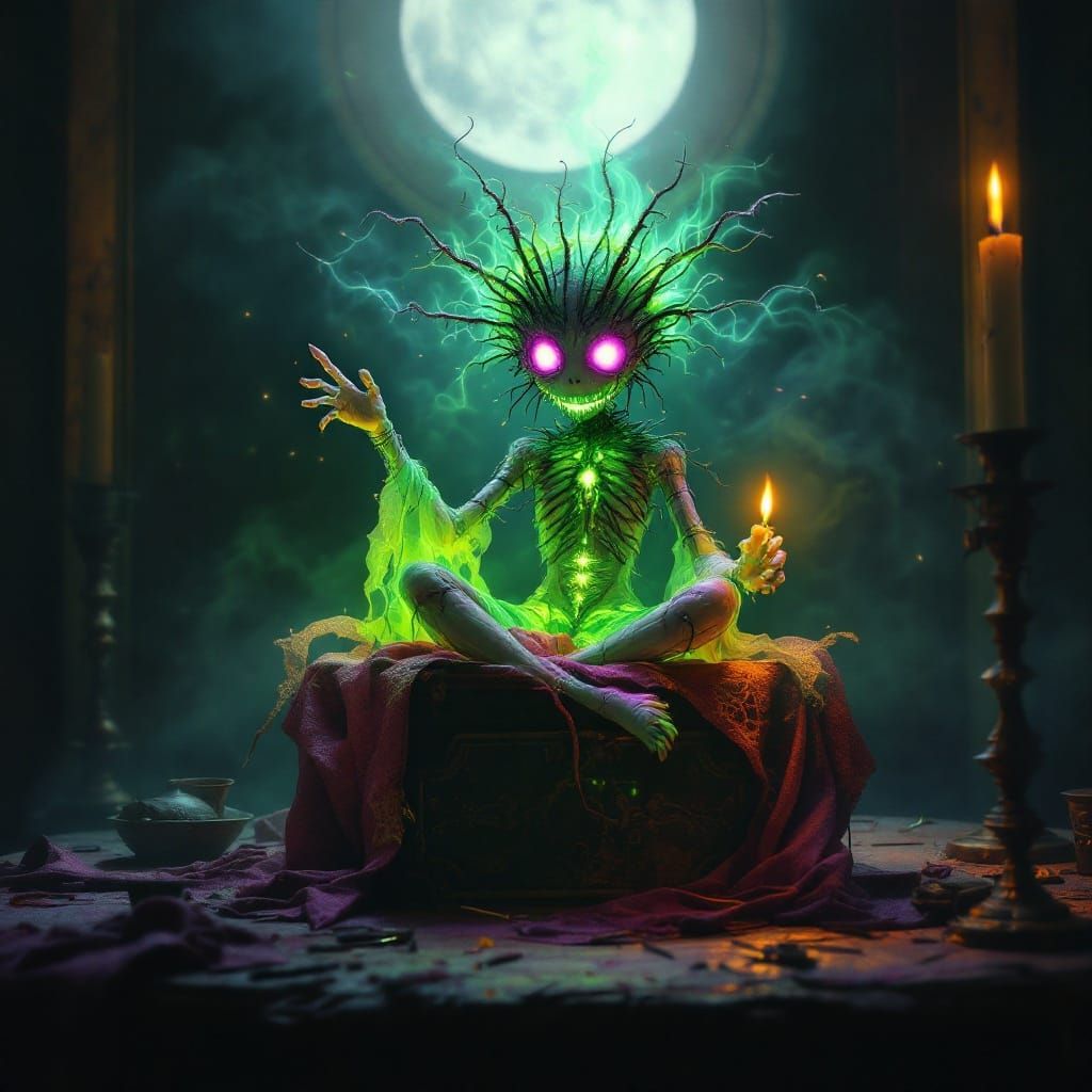 Glow in the dark Voodoo doll sitting on a table with needles and candles in green and purple moonlight