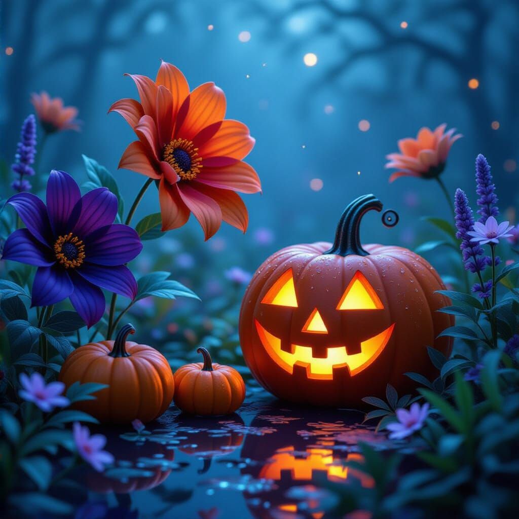 Enchanted Halloween Woodland With Neon Flowers