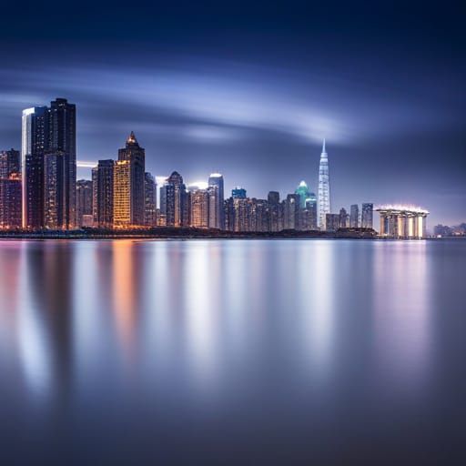 Night View of Futuristic City with Cross-Sea Bridge