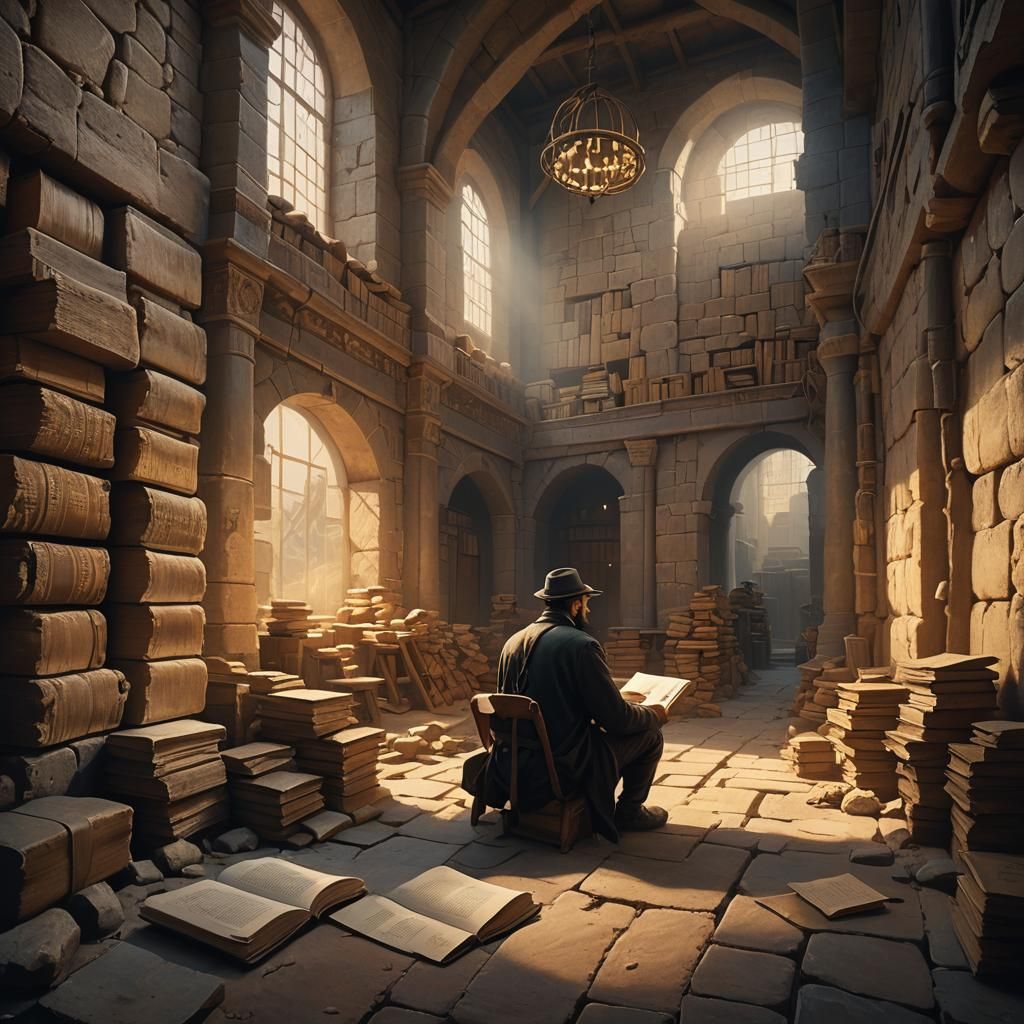 Yeshiva Student Studying in Ancient Beit Midrash