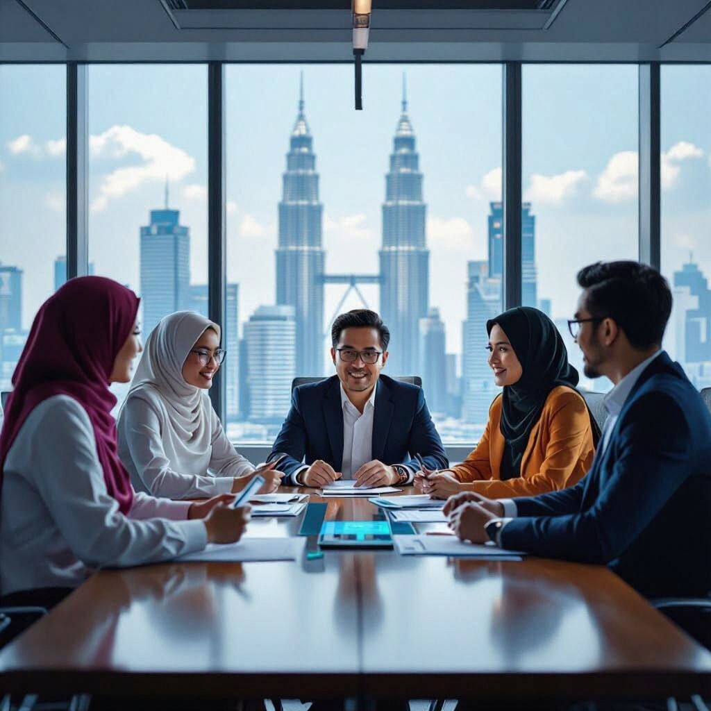 A scene of employees learning or using digital tools and a visual conveying leadership involvement. Employees need to be a mix of Malay, Chi...