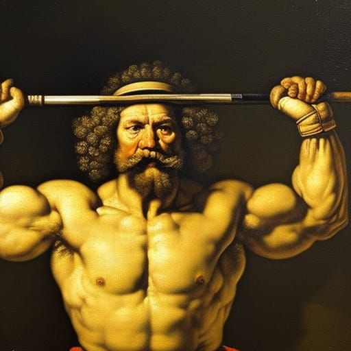 Self-Portrait of Rembrandt Van Rijn as a weightlifter, paint...