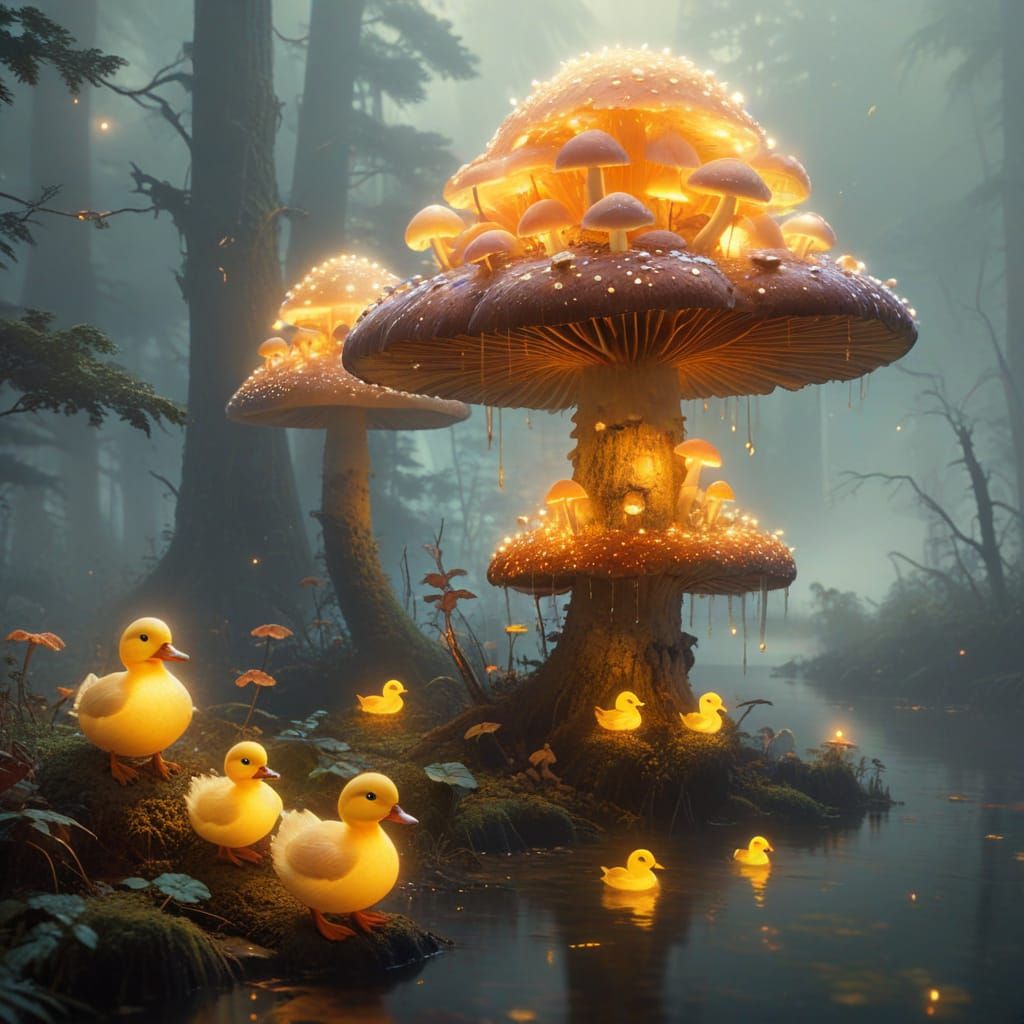 Surreal fantasy. Medium shot. Giant mushrooms tower over tiny glowing ducks in a misty forest. Landscape. ...  by @odd-duck