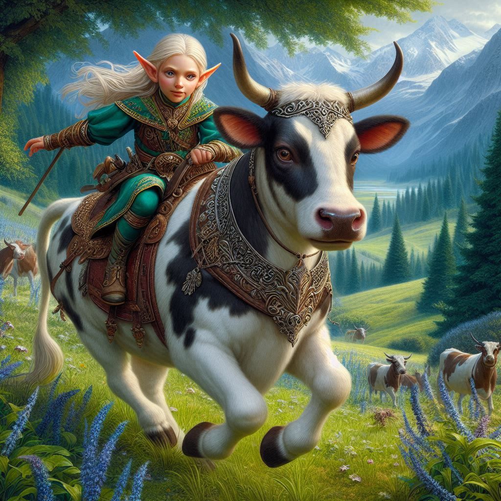fantasy elf on a cow. fun.