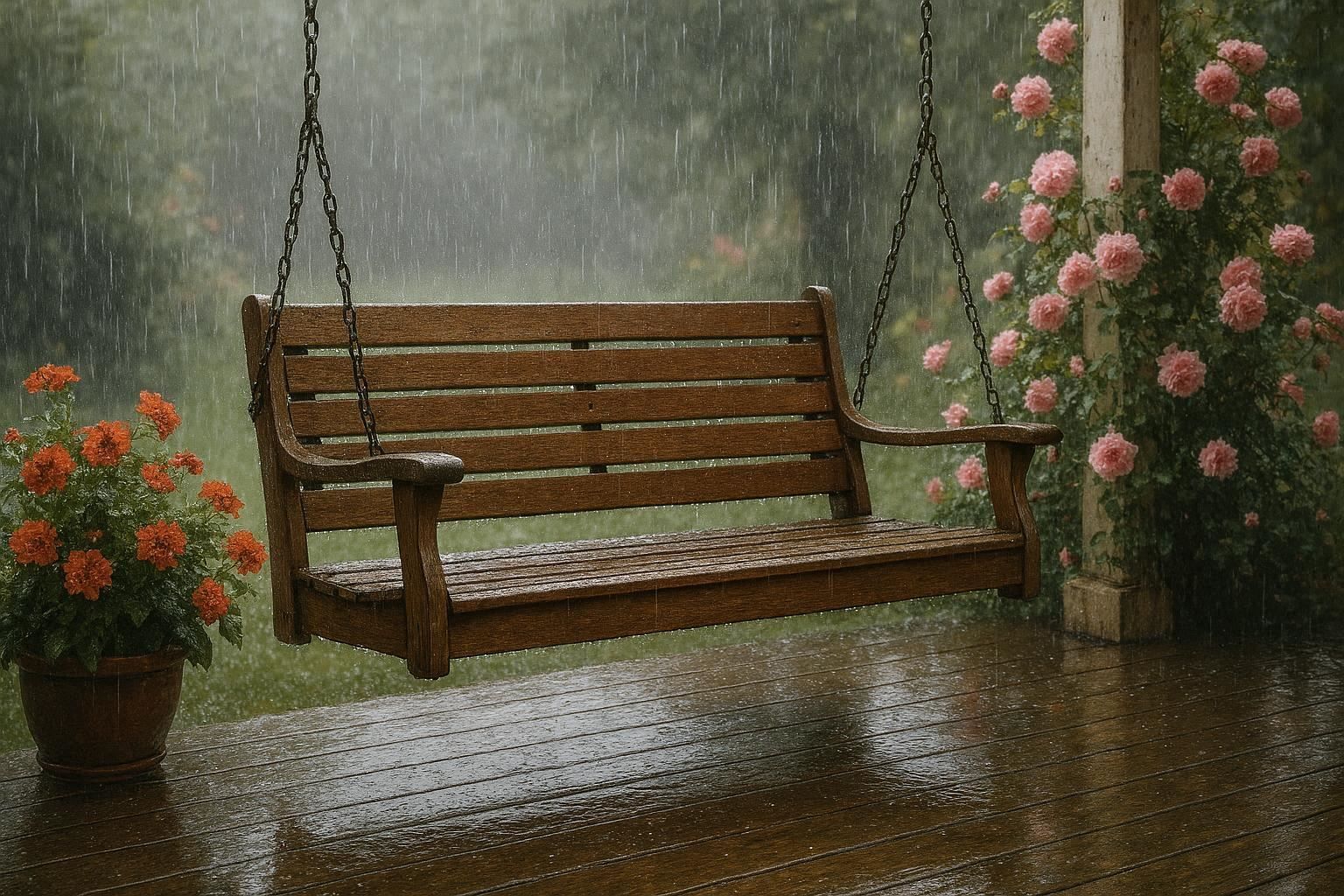 Swing, Flowers, Rain
