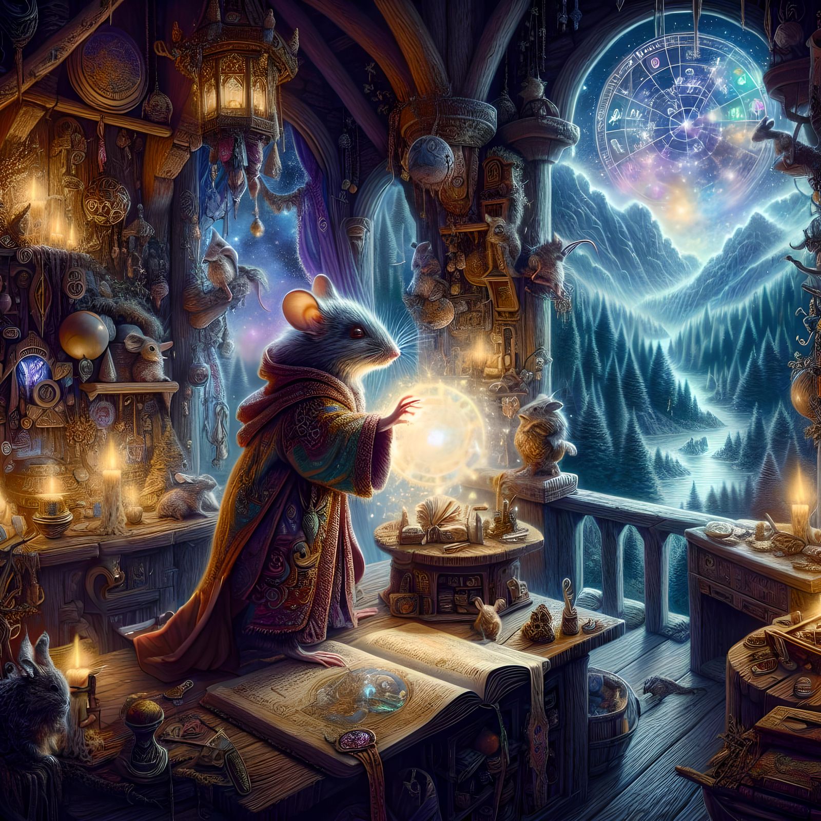 Ultradetailed Mouse wizard in his wizards tower, ultradetail...