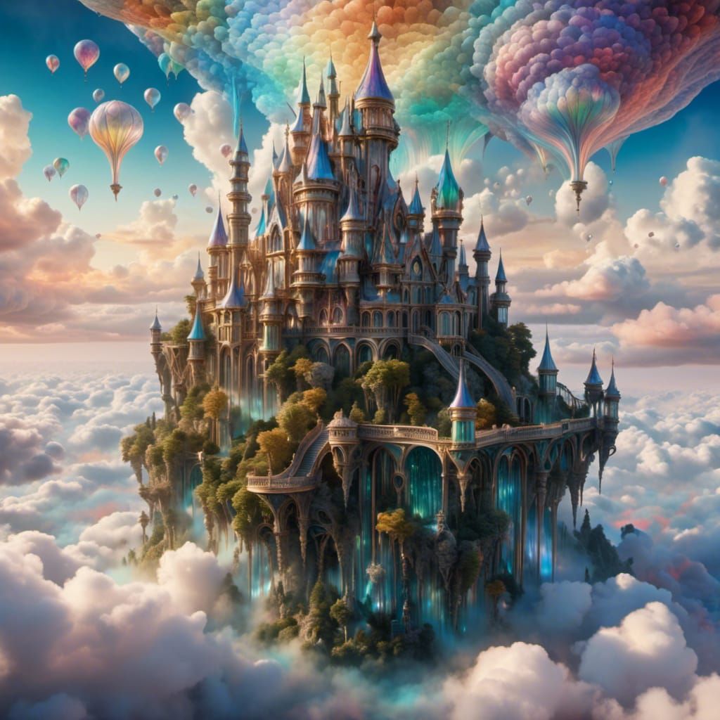 <lora:Fantasy Iridescence:1.0> fairytale castle in the cloud...