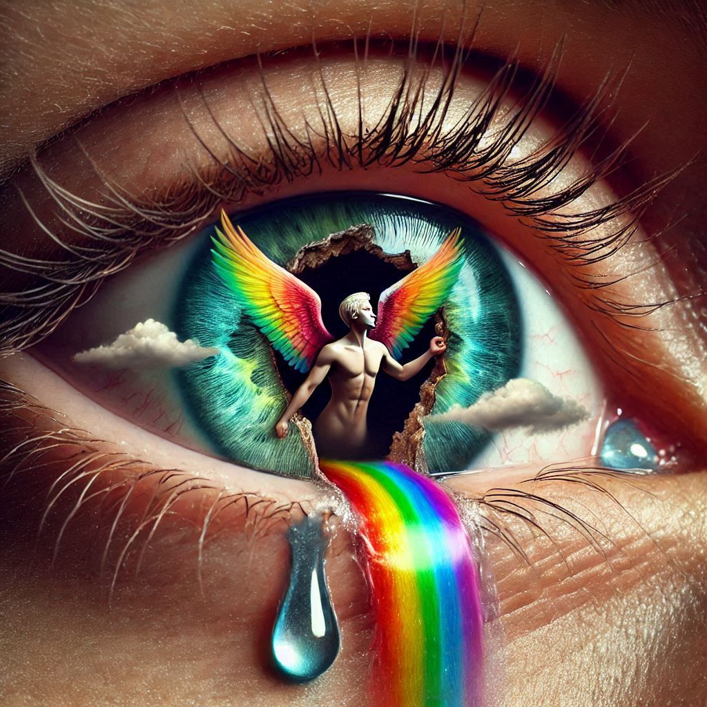 Macro close up shot of a person with open eye with rainbow t...