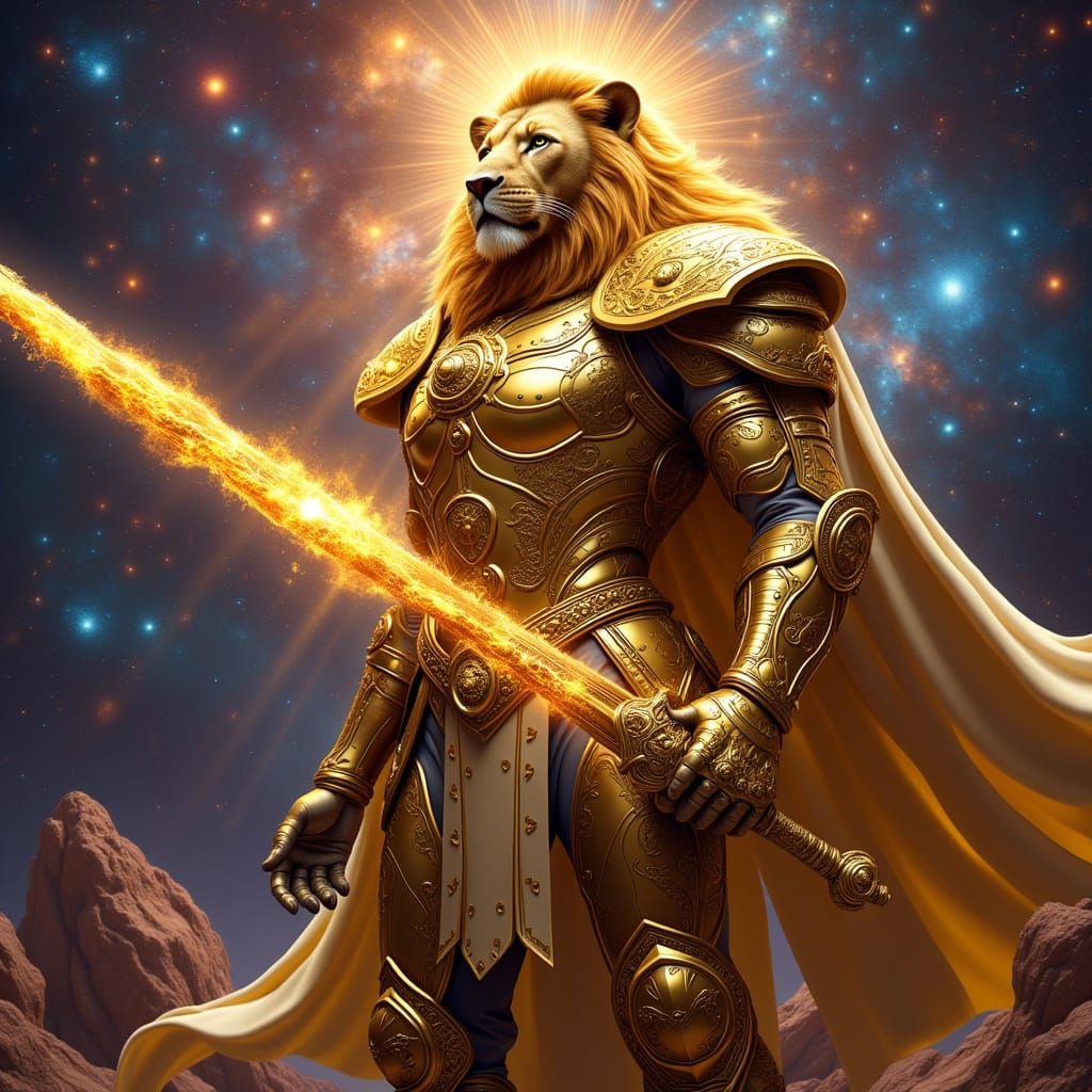 Leo the lion as an astrological  warrior  wearing magical armor <lora:Epic Sci Fi Flux:0.5> Sci Fi Epic