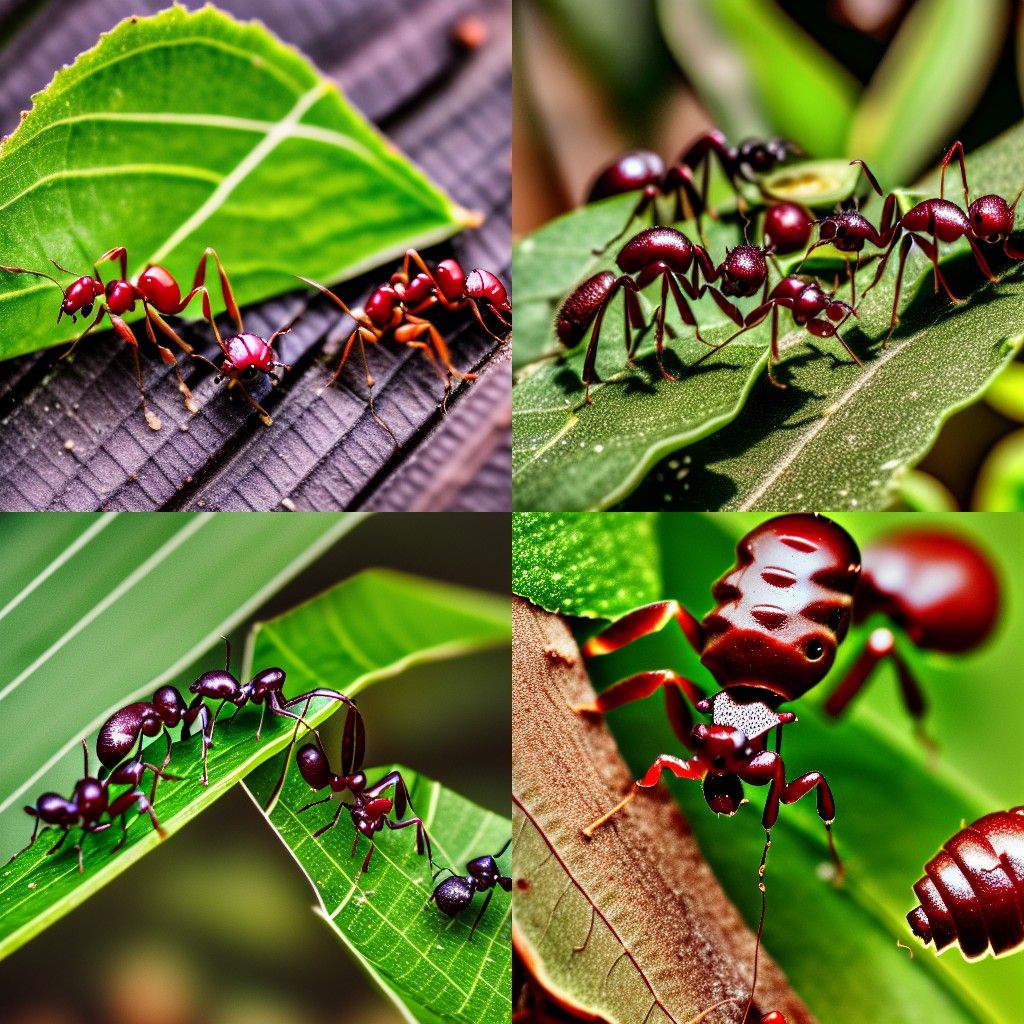 Ants carrying fruits back to their nest on tree leaves, micr...