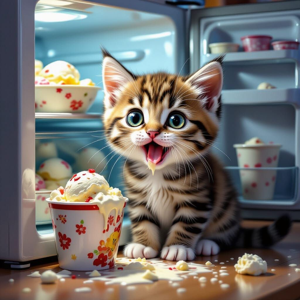 funny kitten with big eyes and mouth sits near open refrigerator near him half empty bucket of ice cream. ...  by @Likvi
