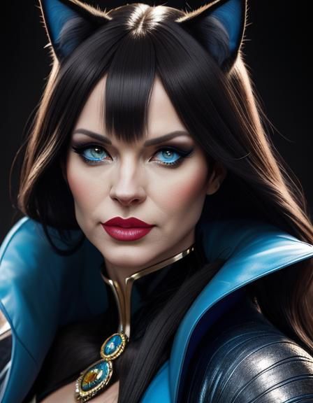 A cat woman with cat head,face and eyes dressed in extravaga...